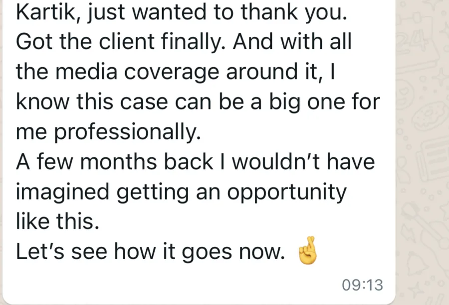 Client WhatsApp message testimonial 5
