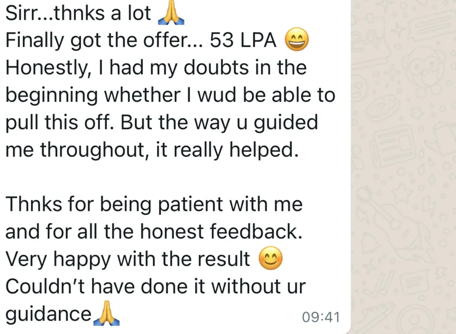 Client WhatsApp message testimonial 1